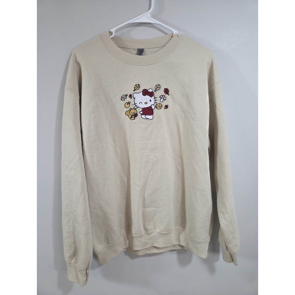 Hello Kitty Sanrio Beige Fall Autumn Leaves Embroidered Sweatshirt Medium